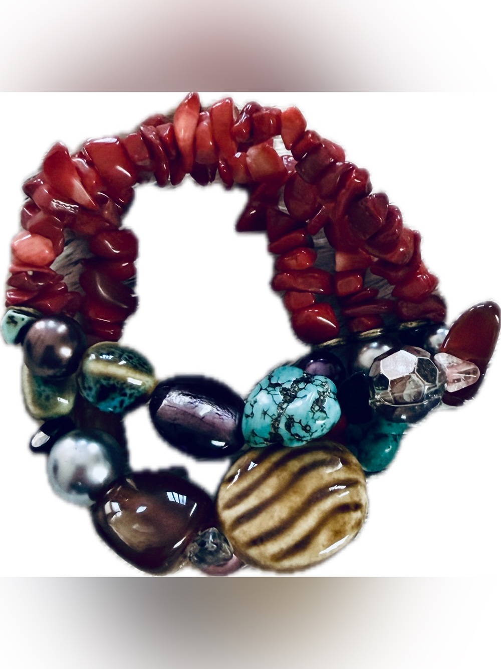 Hand crafted Multicolor Beaded stretch bracelet with Turquoise and Coral stones. - Picture 5 of 8